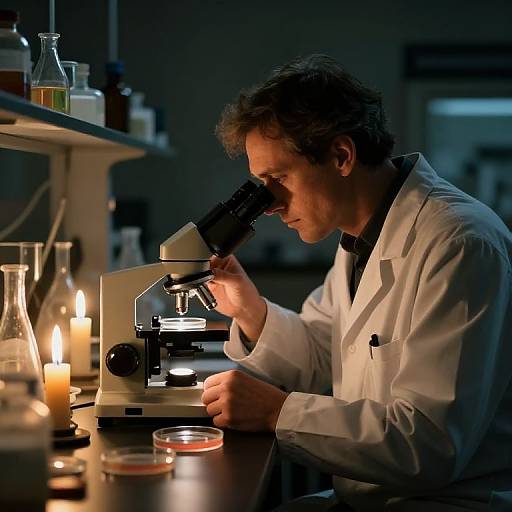 Photograph of a male scientist with curly hair, wearing a white lab coat, intensely focusing on a microscope illuminated by candles.