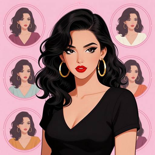 Digital illustration of a confident woman with black wavy hair, red lipstick, gold hoop earrings, and black V-neck top, surrounded by five smaller circular