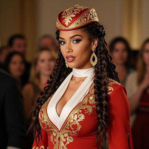 Photograph of a beautiful black woman with long braided hair, wearing a red and gold ornate military-style dress and hat, white choker,