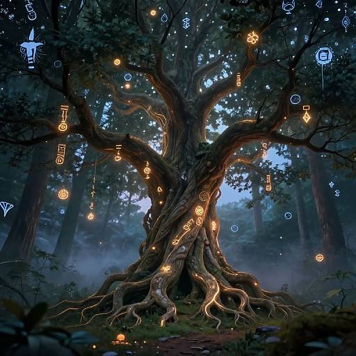 Digital fantasy artwork of a glowing, ancient tree in a misty forest, adorned with hanging, illuminated lanterns and mystical symbols.