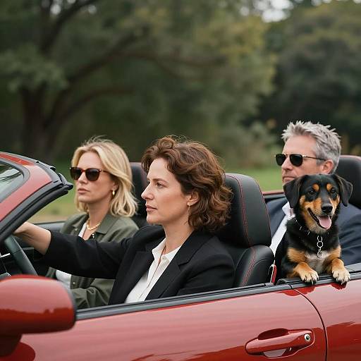 Group in Red Convertible with Dog