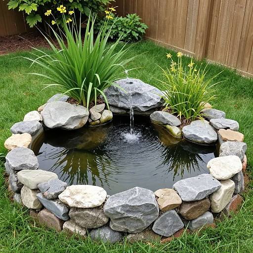 Photograph of a circular stone-bordered garden pond with a small waterfall, surrounded by green grass, yellow flowers, and large rocks.