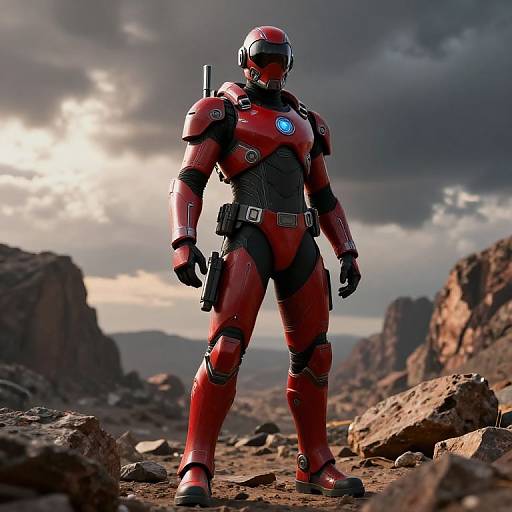CGI image of a red, futuristic, armored superhero with glowing blue chest emblem standing in a rocky, desert landscape under a stormy sky.