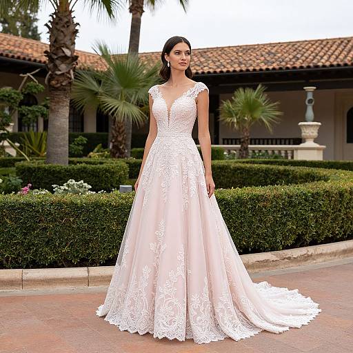 Photograph of a beautiful woman with long dark hair, wearing a white lace, sleeveless, V-neck, ball gown wedding dress, standing in a