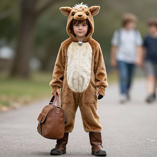Photograph of a young boy in a brown and beige furry deer costume, holding a brown leather bag, standing on a park path with blurred adults in