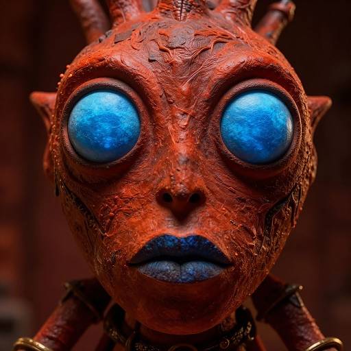 Close-up photograph of a textured, red-orange alien with large, glowing blue eyes, dark blue lips, and antennae-like protrusions on its head