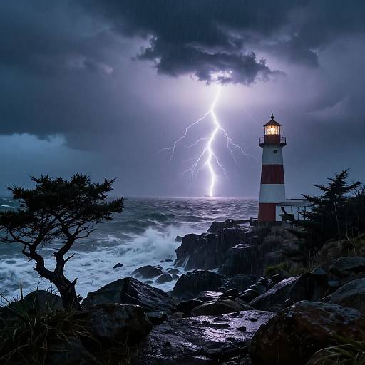 Photograph of a stormy night seascape with a striped lighthouse illuminated by a bright lightning bolt, waves crashing against rocky cliffs, and silhou