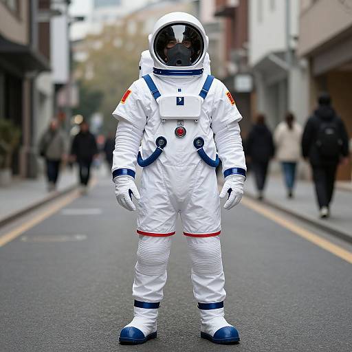 Photograph of a person in a white astronaut suit with blue accents and a reflective helmet, standing on a city street with blurred pedestrians in the background.