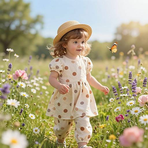 Photograph of a curly-haired toddler in a polka dot dress and straw hat, walking through a sunlit meadow with colorful flowers and a butterfly