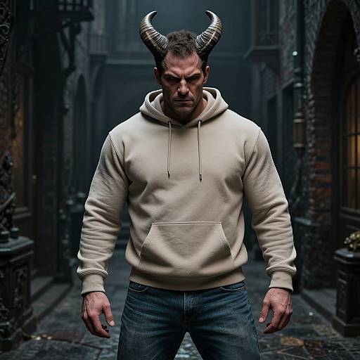 Photograph of a muscular man with dark hair, wearing a beige hoodie and blue jeans, sporting black, curved horns in a dark, narrow alley with