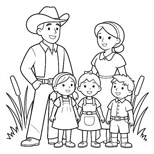 Black-and-white line drawing of a family: father in cowboy hat, mother, three daughters, and son, standing in grassy field.