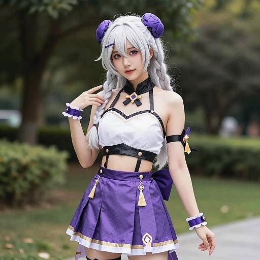 Photograph of a young Asian woman in white and purple cosplay, with long white hair, purple horns, and a revealing outfit, standing in a park