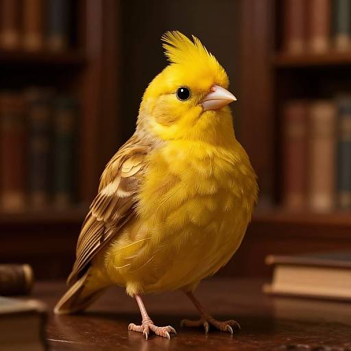 Photograph of a bright yellow finch with a tufted head, standing on a wooden desk in front of a blurred bookshelf background.