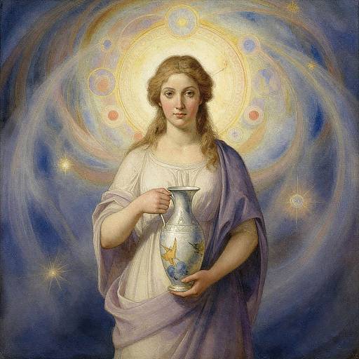 Digital painting of a serene, fair-skinned woman with brown hair, holding a decorated vase, haloed by a radiant, cosmic background.
