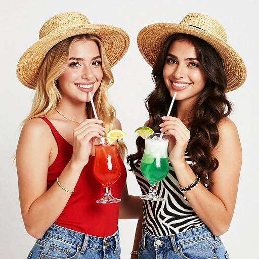 Two young women with cocktails and straw hats