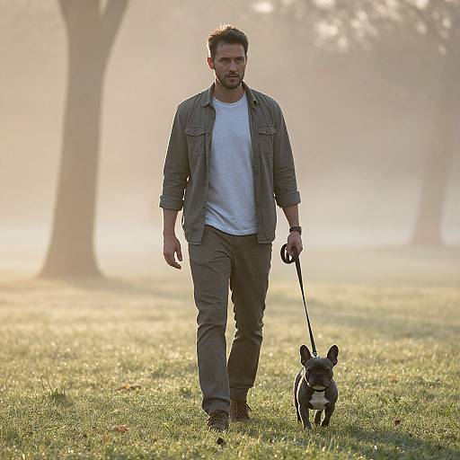 Photograph of a bearded man in a gray shirt and beige pants walking a small black and tan dog on a leash in a misty, sun