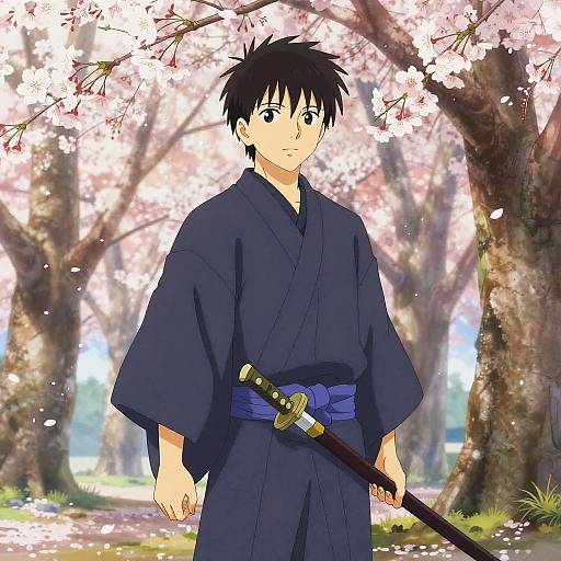 Anime Swordfighter in Cherry Blossoms