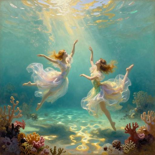 Two ethereal, blonde women in flowing white dresses, underwater, dancing gracefully with arms raised, surrounded by colorful coral reefs and sunlight filtering through the water