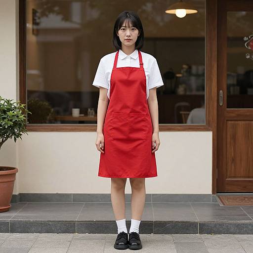 Photograph of an Asian woman with straight black hair, wearing a white shirt, red apron, white socks, and black loafers, standing in