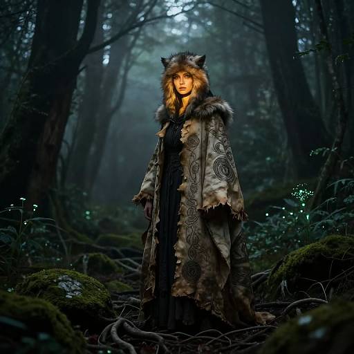 Photograph of a woman in a forest, wearing a fur-lined, patterned cloak with wolf ears, illuminated by soft, mystical forest light.