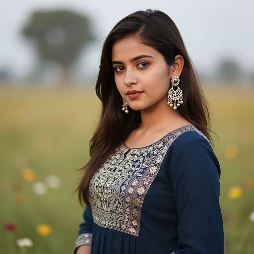 Photograph of a young Indian woman with long dark hair, wearing a navy blue embroidered top and large, intricate earrings, standing in a blurred field of