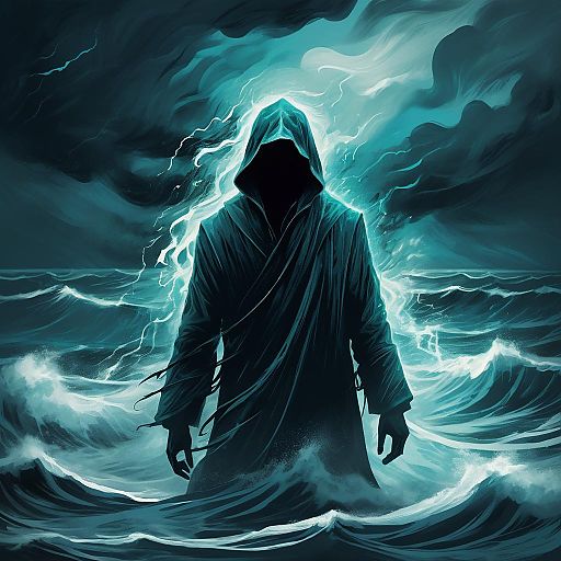 Mystical Hooded Figure by Stormy Sea