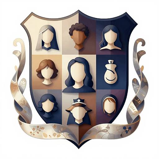 Digital illustration of a shield with nine faceless, stylized human heads and a pitcher, divided into color blocks, adorned with floral ribbon.