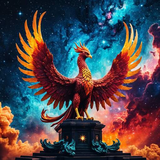 Epic Mystical Phoenix Statue in Celestial Skies