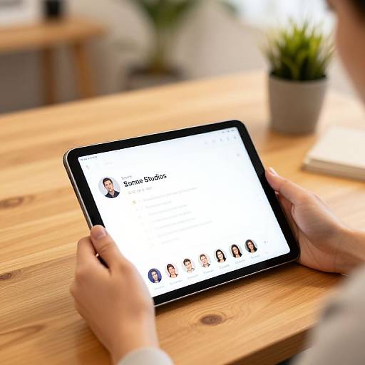 Photograph of a person's hands using a black tablet on a wooden table, displaying a social media profile with user images. Blurred background includes a