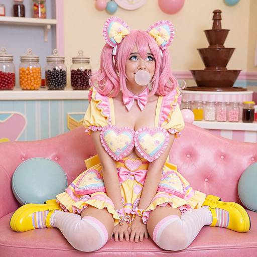 Digital artwork of a pink-haired woman in a frilly, yellow and pink maid outfit, blowing bubblegum, sitting on a pink couch in a