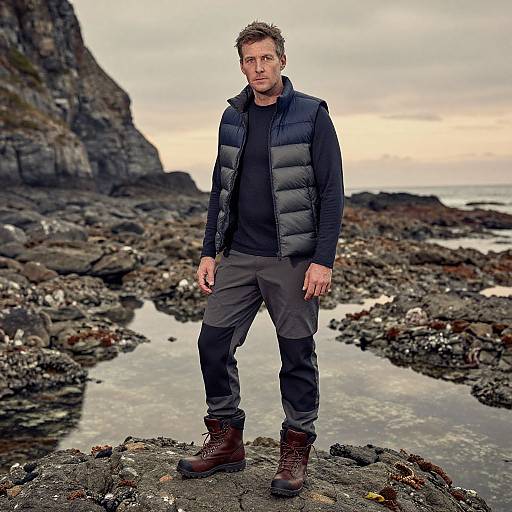 Photograph of a rugged, blonde, middle-aged man in a black puffer vest, dark shirt, gray pants, and brown boots, standing on