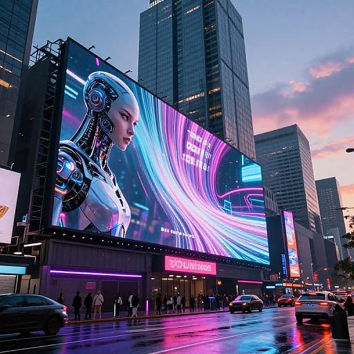 Digital artwork of a futuristic city at dusk. A neon-lit billboard features a robotic woman with glowing blue and pink lights, surrounded by tall buildings and