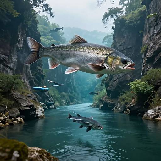 Surreal Flying Fish Over River