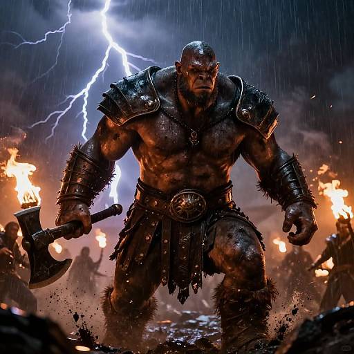 Digital artwork of a muscular, bald, armored warrior with a bloody face, wielding an axe, amidst a stormy battlefield with lightning, fire, and