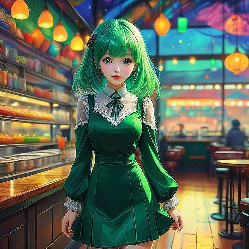 Digital anime-style illustration of a green-haired girl in a dark green dress with white lace, standing in a colorful, neon-lit café.