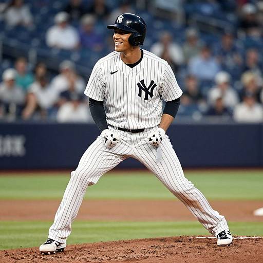 Photograph of a smiling male baseball player in a white pinstriped Yankees uniform, black helmet, and gloves, standing on a dirt mound in