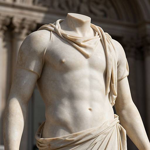 Photograph of a classical marble statue of a muscular, nude male torso with draped cloth, standing against a blurred architectural background.