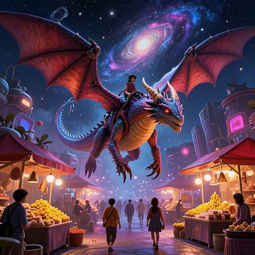 Vibrant digital artwork of a glowing, red and blue dragon with wings, carrying a rider, soaring over a neon-lit night market with stalls