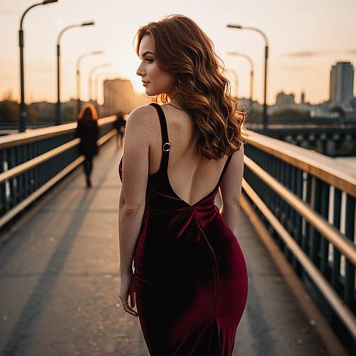 Photograph of a brunette woman with wavy hair in a backless maroon dress, standing on a bridge at sunset, with a blurred figure in