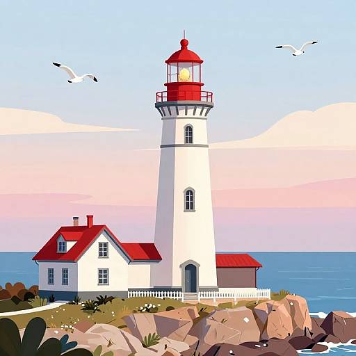 Digital illustration of a white lighthouse with a red roof, beside a red-roofed house, on a rocky coast by the blue ocean, under