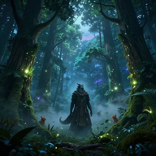 Digital fantasy art of a horned, armored figure standing in a mystical, dark forest illuminated by glowing fireflies and ethereal blue light.