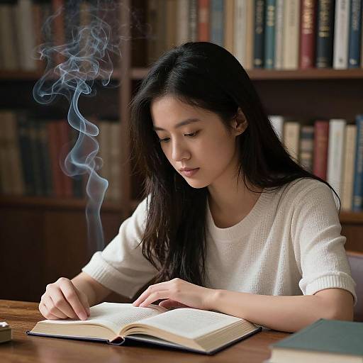 Photograph of an Asian woman with long black hair, wearing a white sweater, smoking a cigarette while reading an open book in a library.