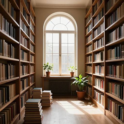 Photograph of a sunlit library aisle with tall wooden bookshelves on both sides, stacks of books on the floor, and two potted plants