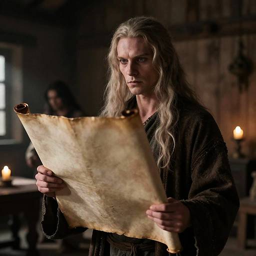 Mysterious Man with Scroll in Rustic Room