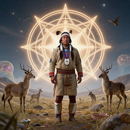 Photograph of Indigenous man in traditional attire, standing centered in front of glowing pentagram, surrounded by deer, UFOs, and stars.