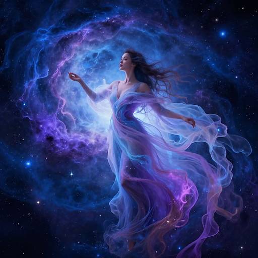 Digital art of a glowing, ethereal woman floating in space, surrounded by swirling blue and purple cosmic smoke, with stars in the dark background.