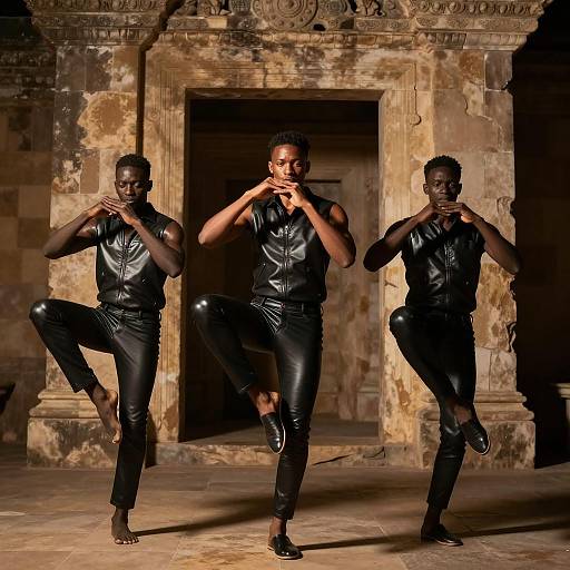 Dynamic Dance Poses Against Ancient Stone