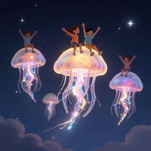 Photograph-style digital illustration of four children joyfully sitting on glowing jellyfish, floating in a starlit, night sky with clouds.