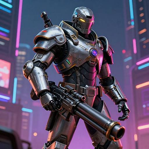 CGI sci-fi mecha soldier with metallic armor, glowing neon accents, holding a large gun, standing in a neon-lit futuristic cityscape.