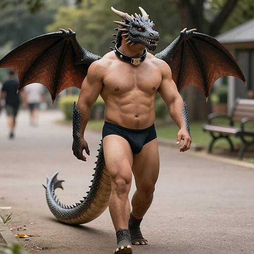 Photorealistic Muscular Anthro Dragon in Park